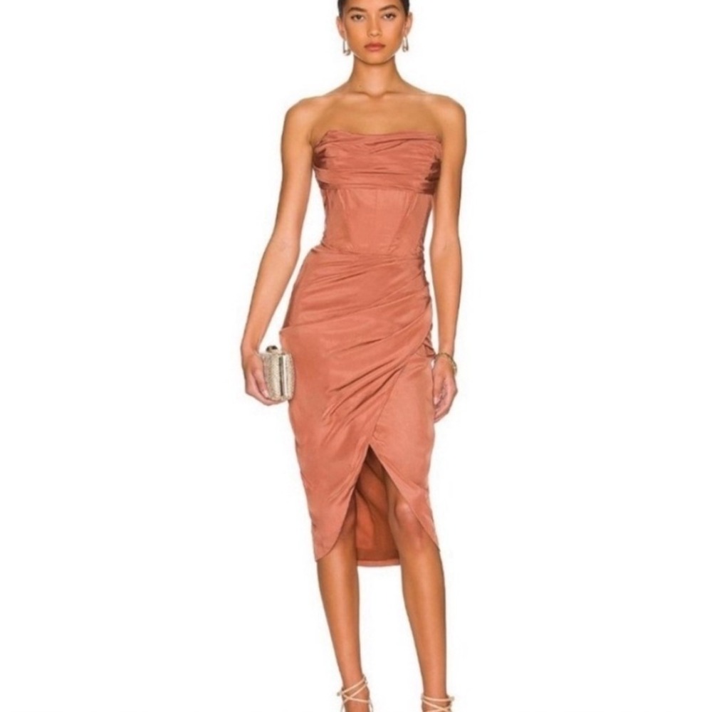Bardot Jamila Chestnut Corset Dress NEW US 12 Strapless Drape Tulip Midi Dress‎